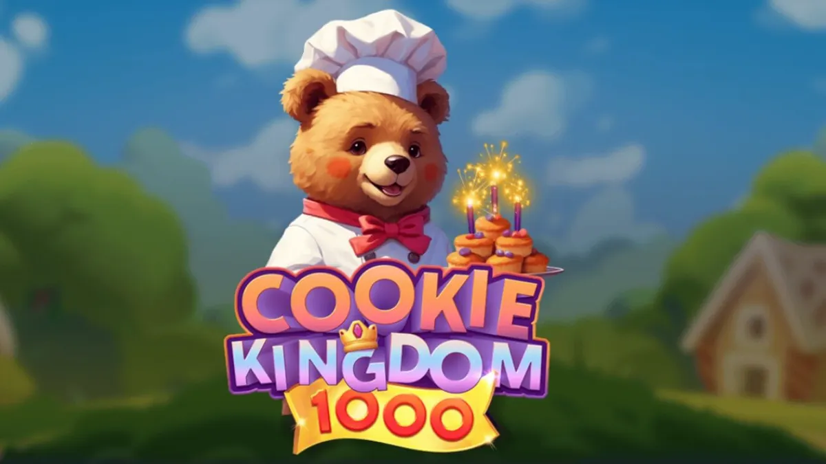 Tampilan visual slot Cookie Kingdom 1000 dengan tema permen dan beruang koki