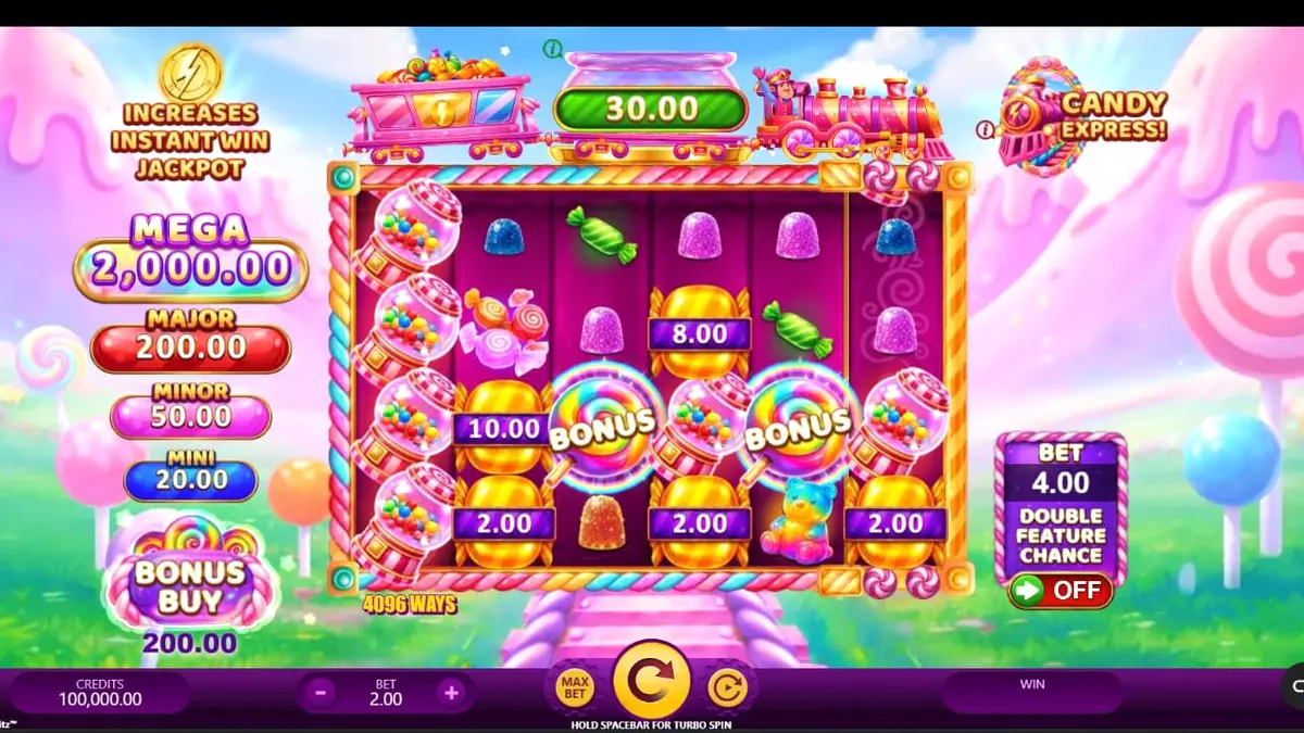 Tampilan visual ceria dari slot Candy Express Gold Blitz dengan tema kereta permen.