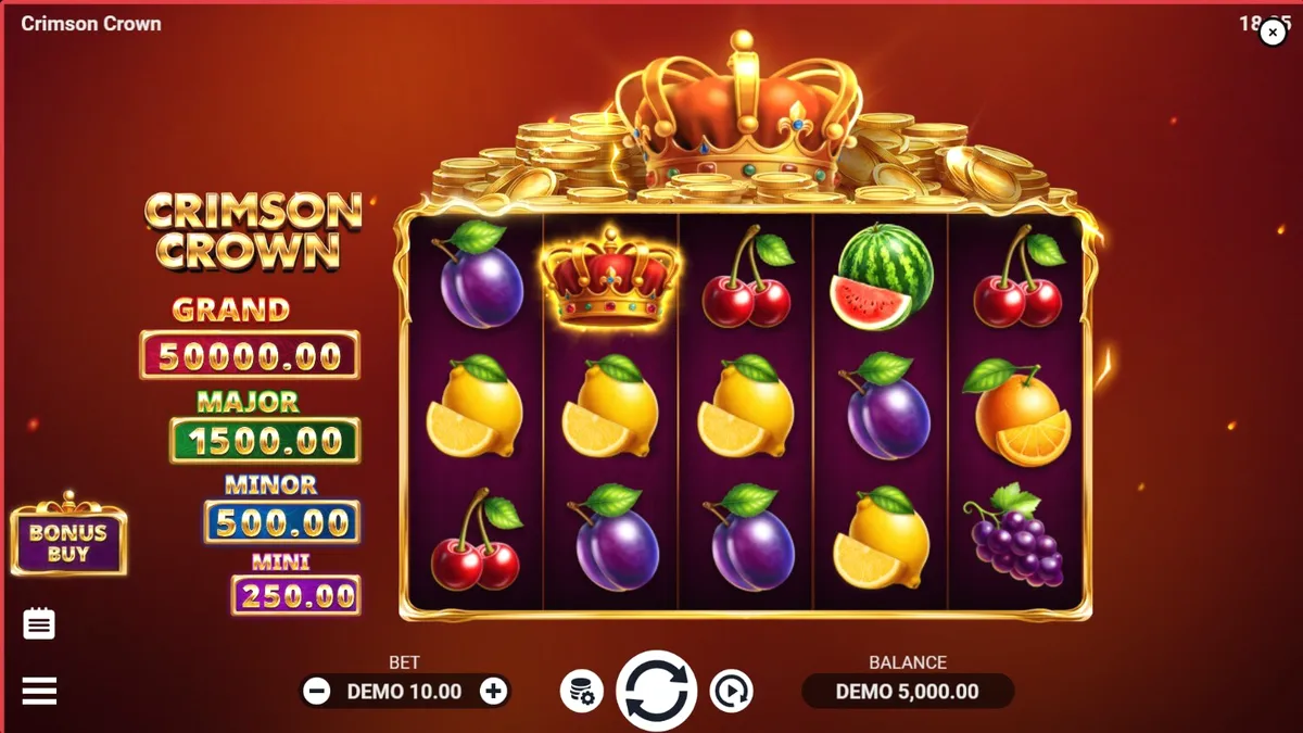 Tampilan visual slot Crimson Crown dengan simbol buah dan mahkota emas