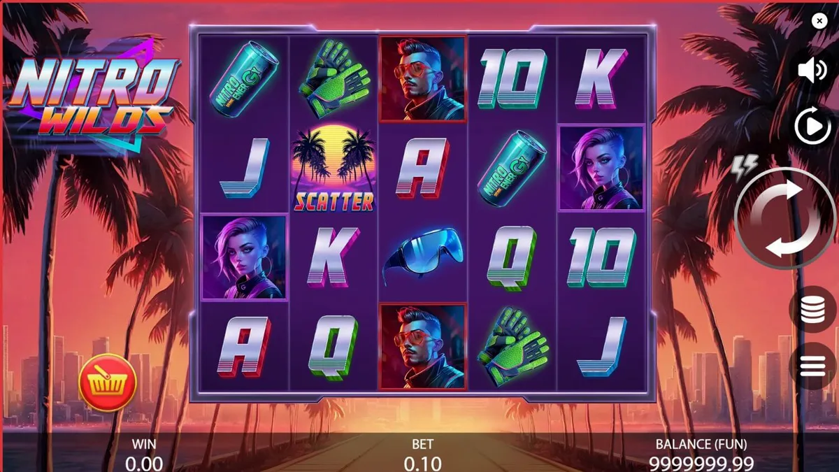 Tampilan visual slot Nitro Wilds dengan tema balap neon retro